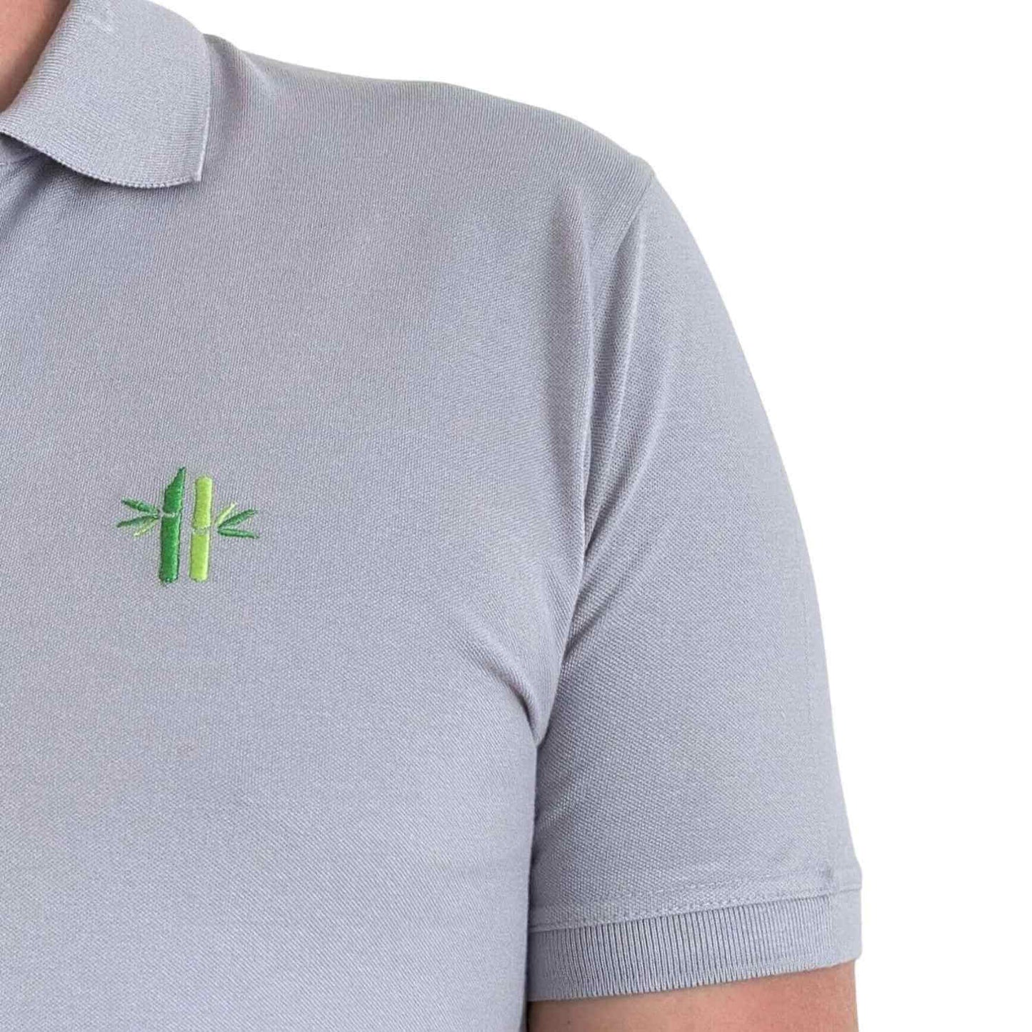 Close up of model wearing a Pique Bamboo Cotton Polo in grey - Robumi Lifestyle