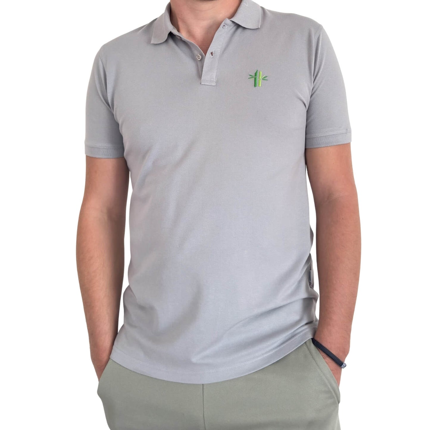 Close up of model wearing a Pique Bamboo Cotton Polo in grey - Robumi Lifestyle