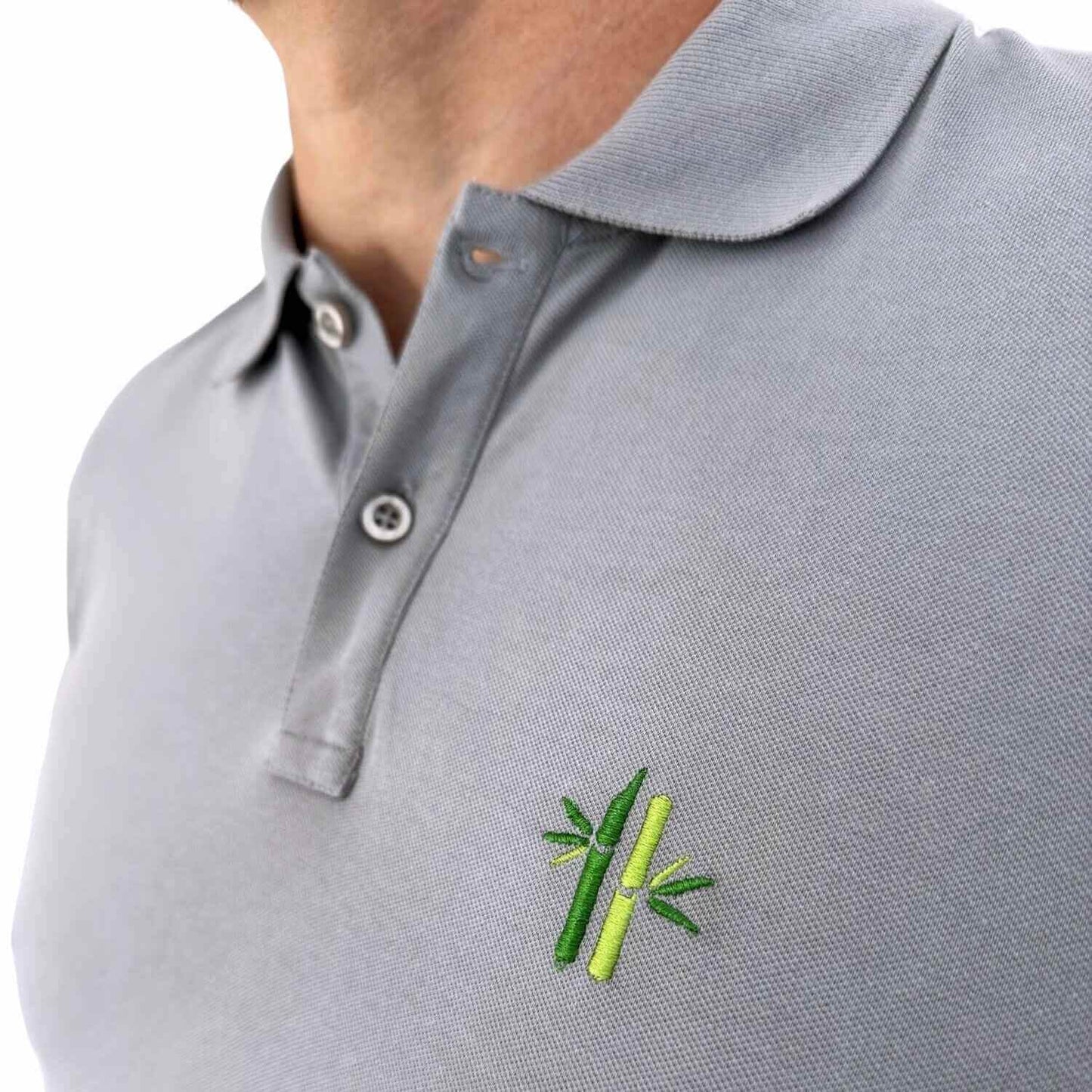 Side view of collar and Embroidery of Pique Bamboo Cotton Polo in grey - Robumi Lifestyle