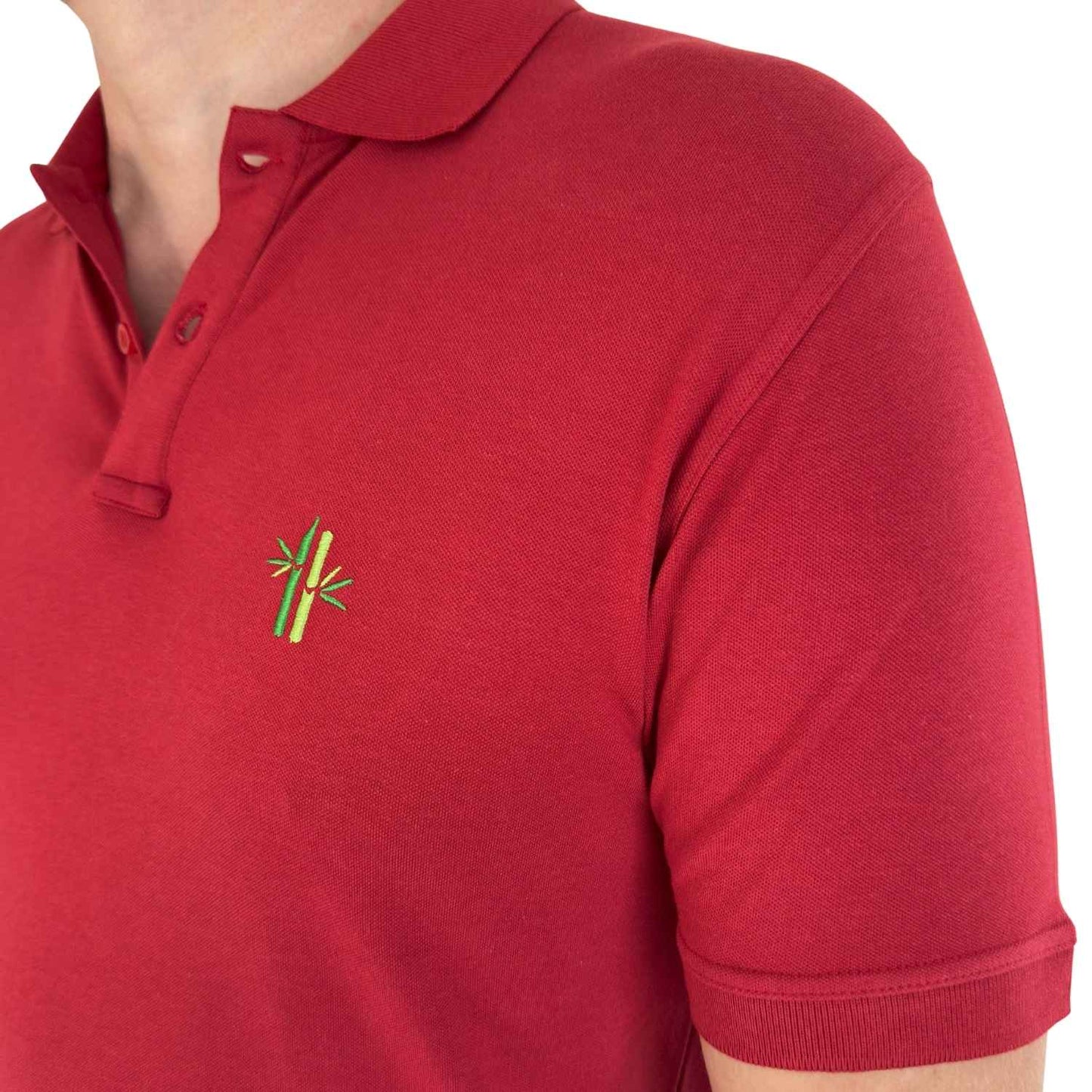 Side view of embroidery on a Pique Bamboo Cotton Polo in Rust Red - Robumi Lifestyle