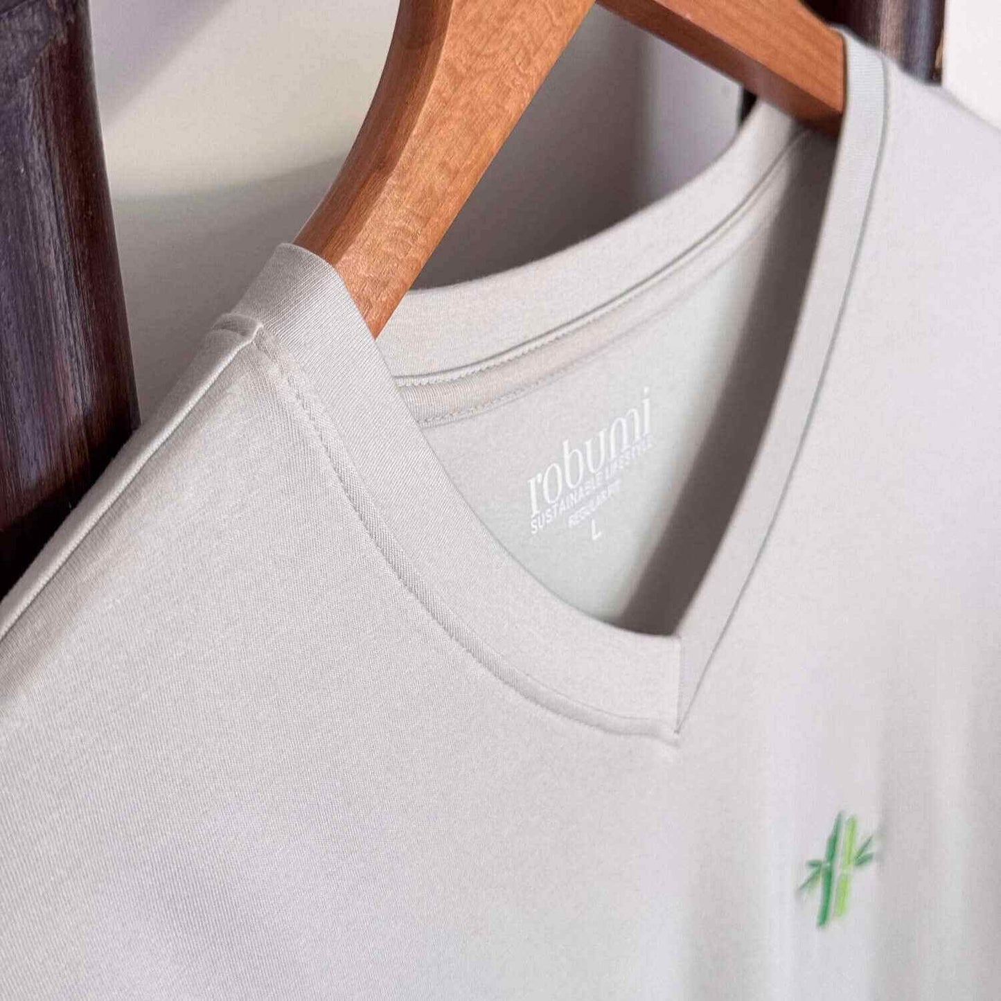 Side view of hanging Bamboo Cotton V-neck shirt | Oyster Mushroom - Robumi Lifestyle