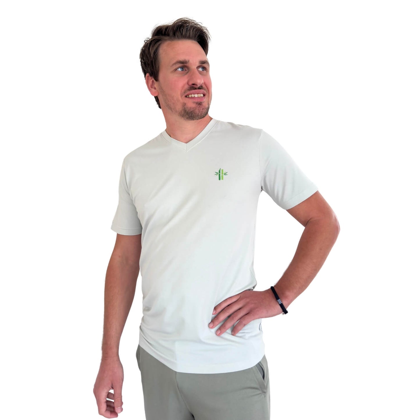 Model wearing Bamboo Cotton V-neck Shirt in Oyster Mushroom - Robumi Lifestyle