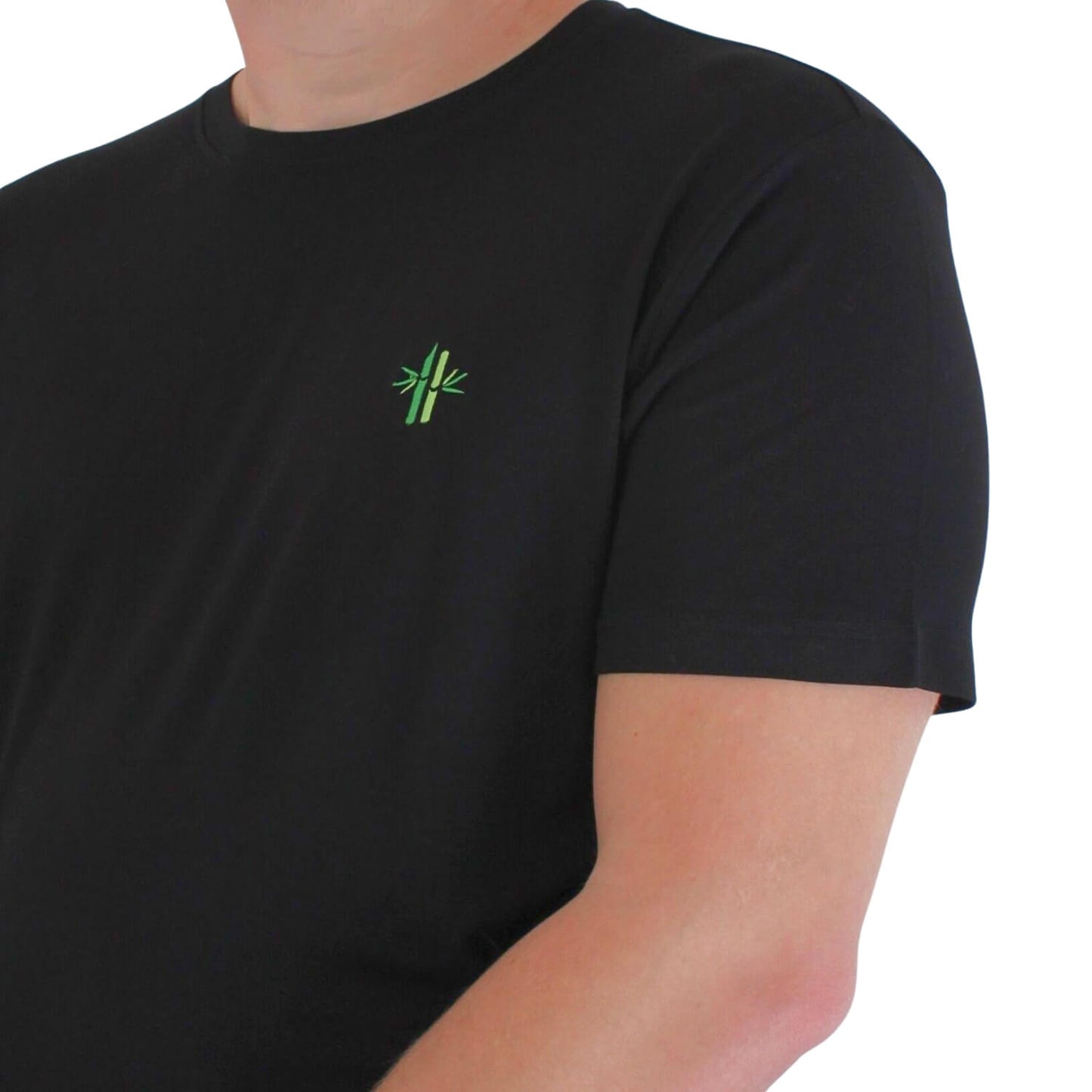 Close up of model wearing Everyday Bamboo crew neck Shirt | Pitch Black - Robumi Lifestyle