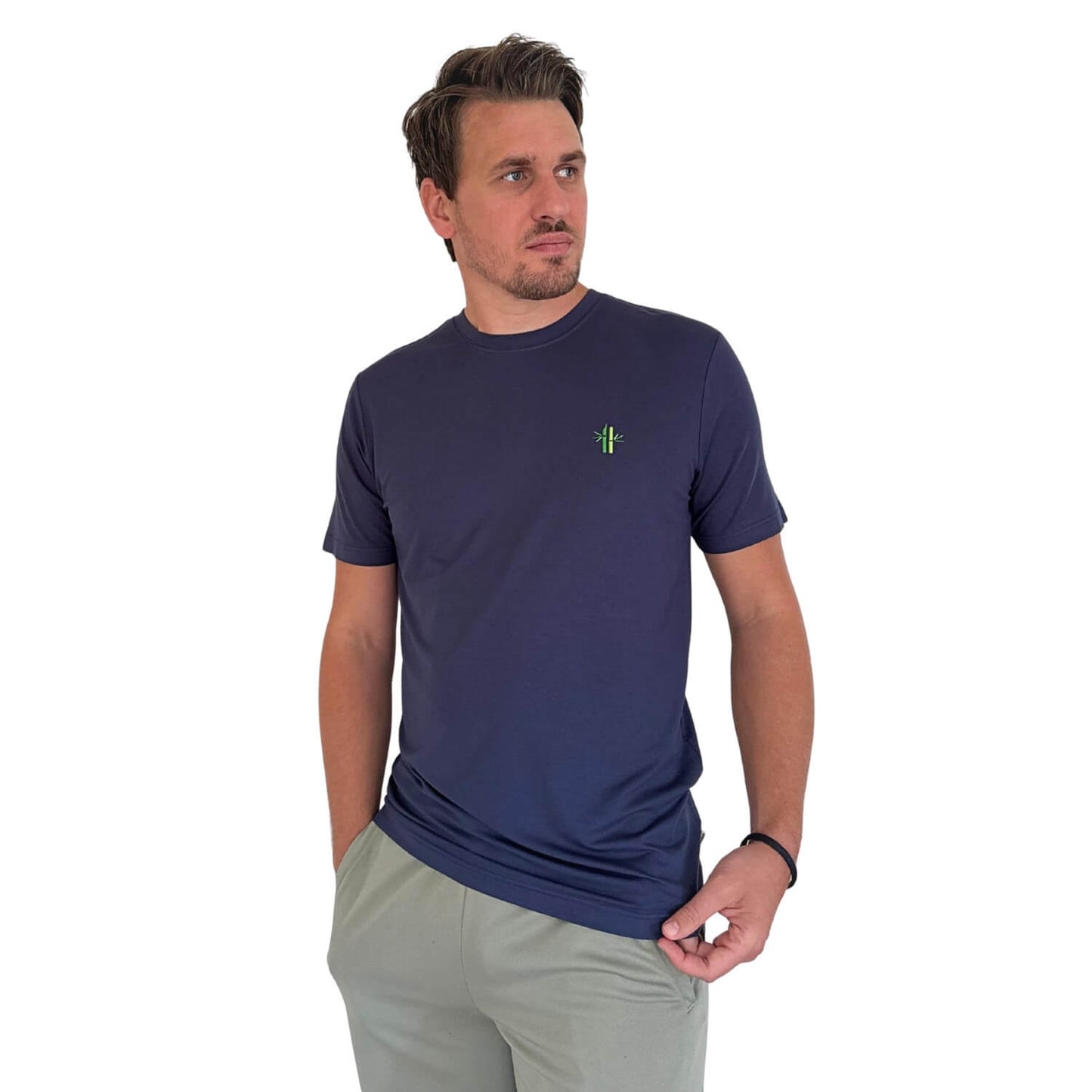 Model wearing Everyday Bamboo Crew Neck Shirt | Navy Blue - Robumi Lifestyle