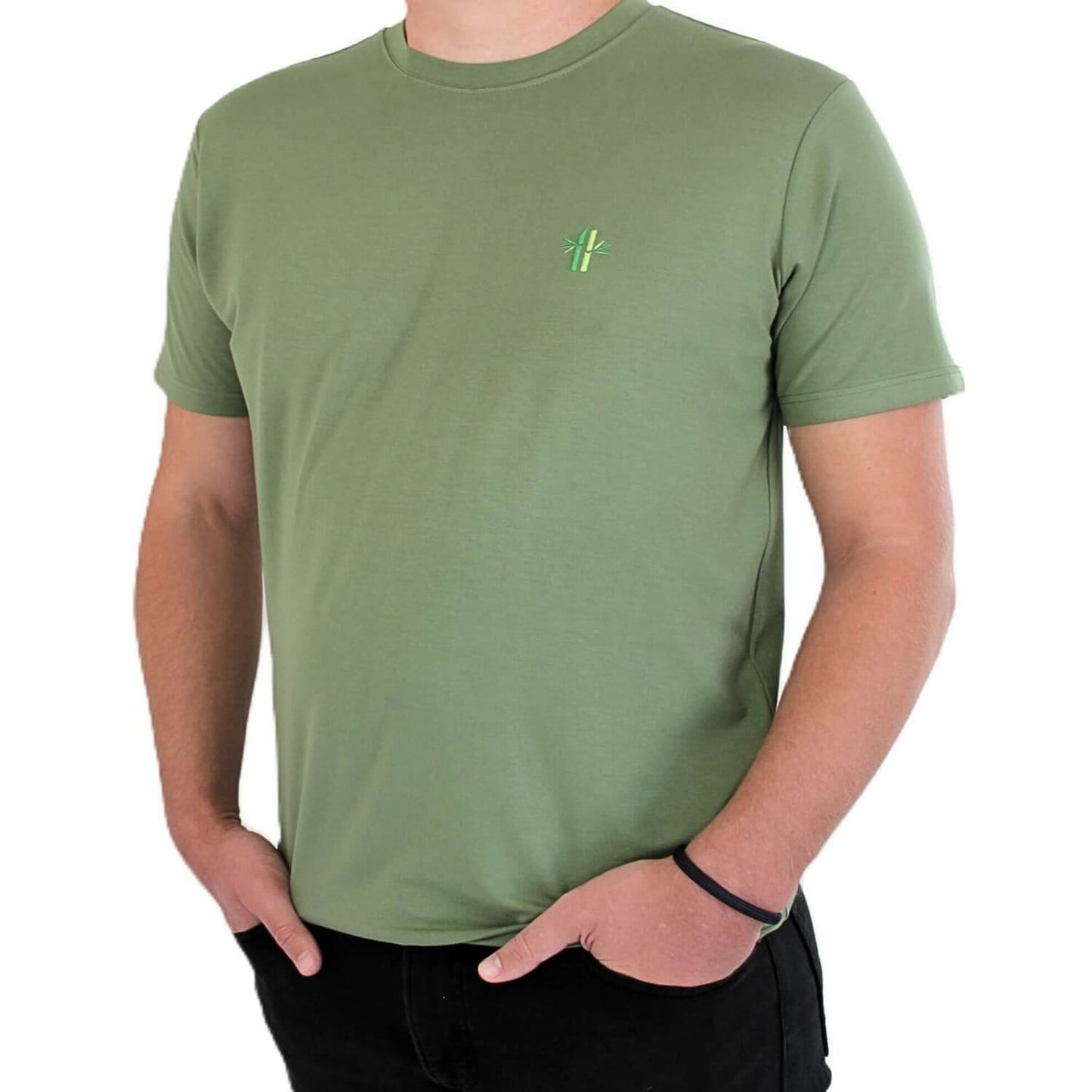Close up of model wearing Everyday Bamboo Crew Neck Shirt | Olive Green - Robumi Lifestyle