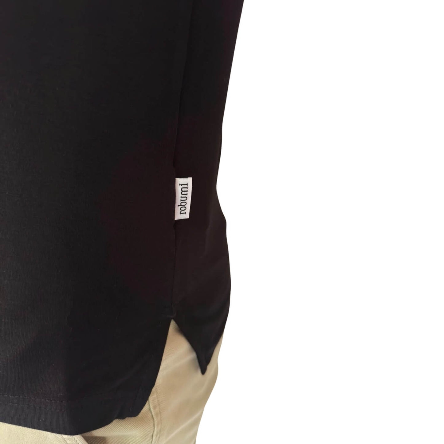 Side label on Athletic Bamboo Polo in black - Robumi Lifestyle