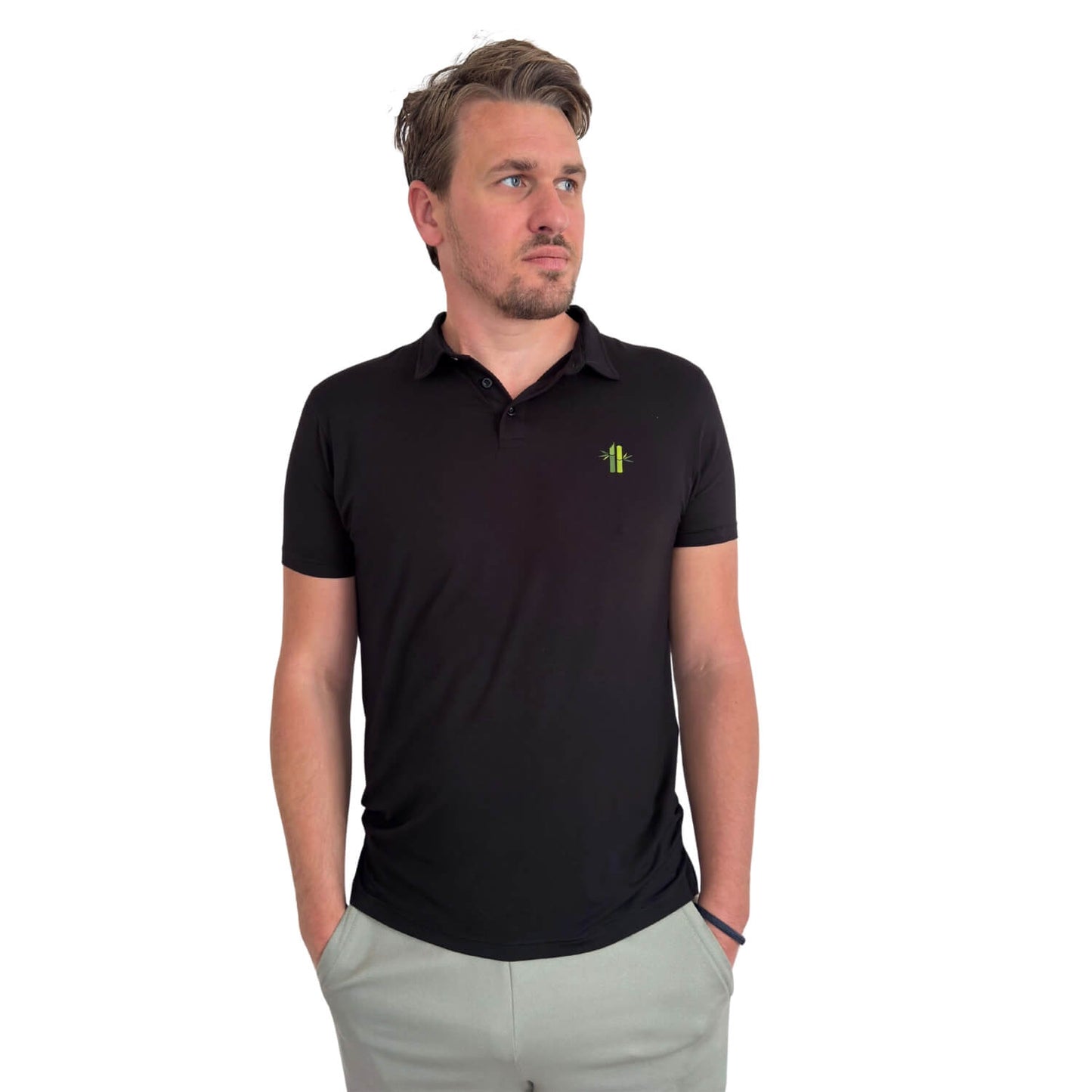 Model wearing an Athletic Bamboo Polo in black - Robumi Lifestyle