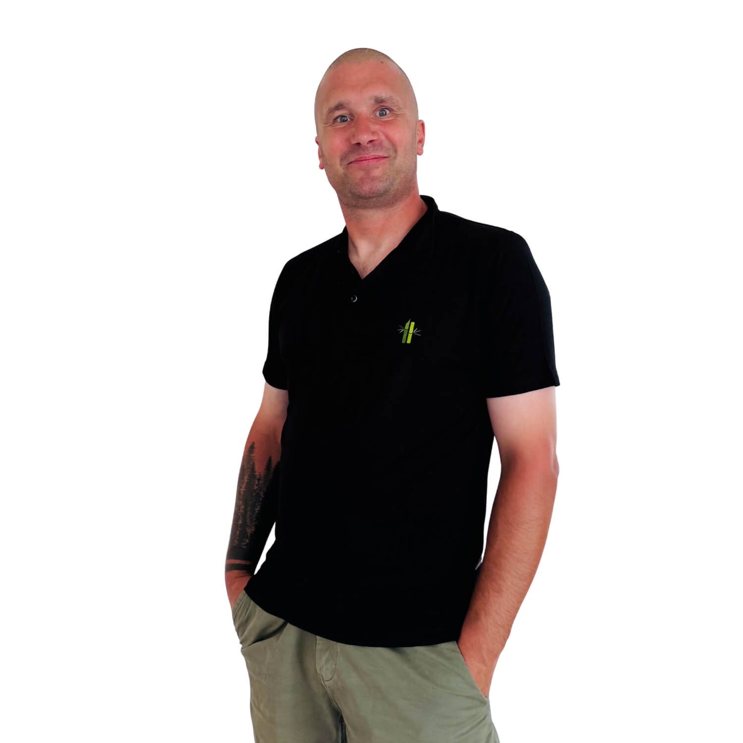 Model wearing an Athletic Bamboo Polo in black - Robumi Lifestyle