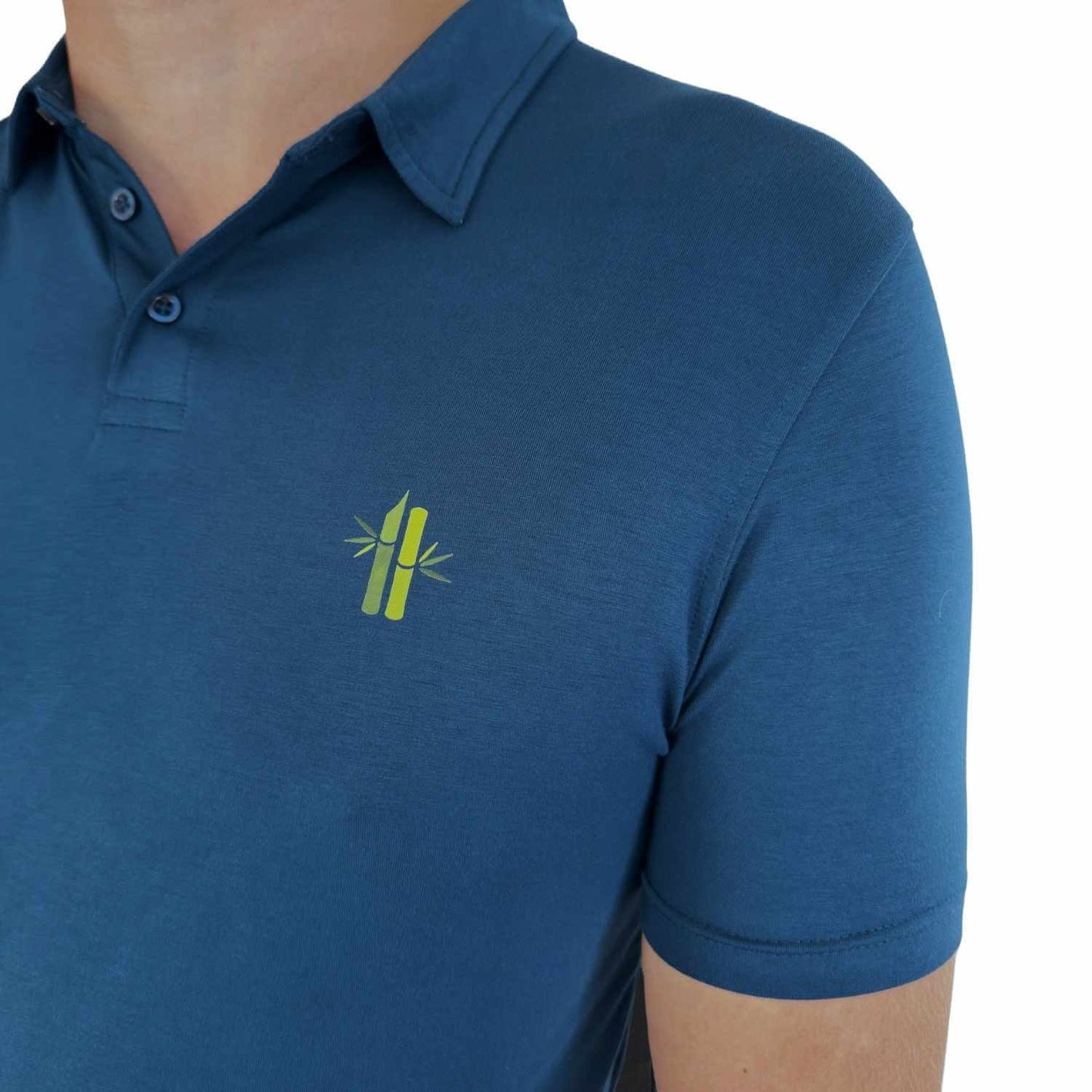 Close up of collar, sleeve and printed bamboo logo of Athletic Bamboo Polo in Poseidon Blue - Robumi Lifestyle