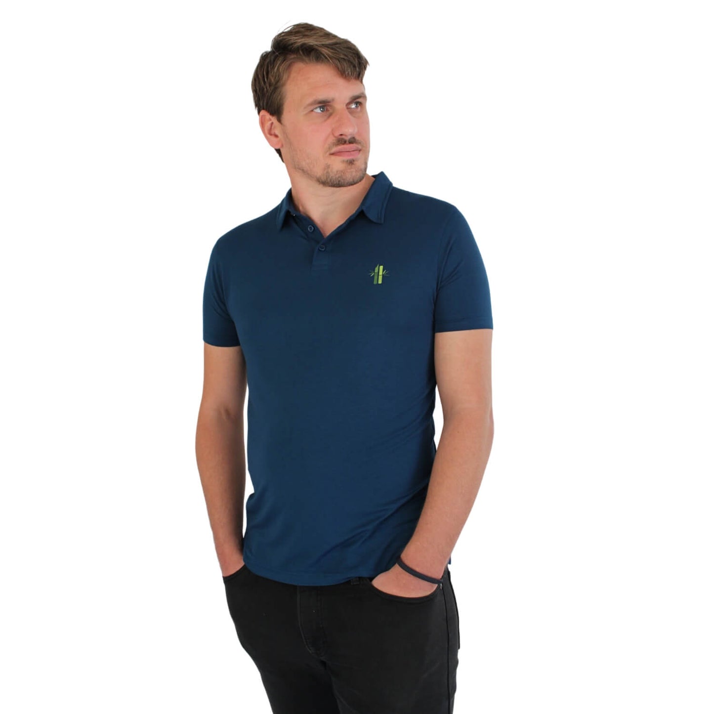 Model wearing Athletic Bamboo Polo in Poseidon Blue - Robumi Lifestyle