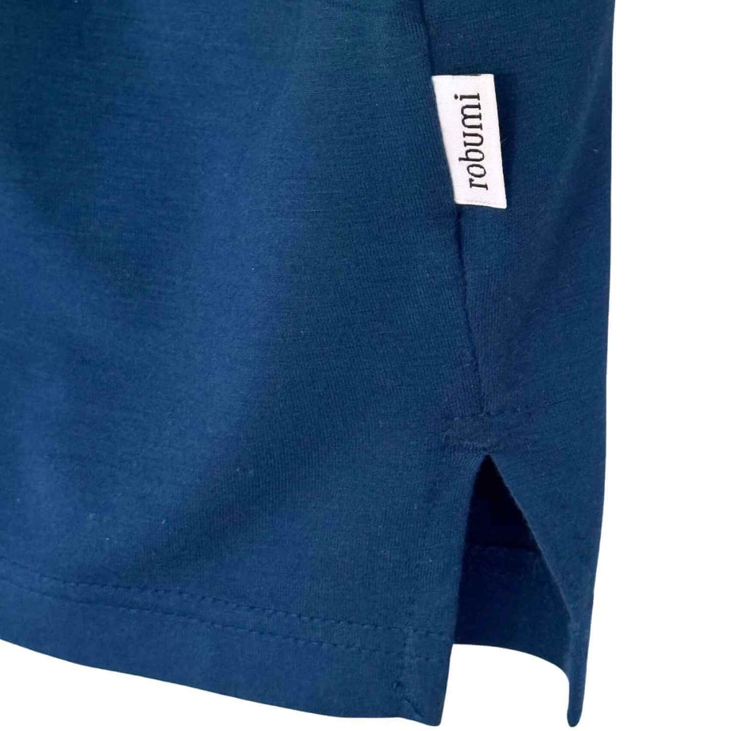 Stitched side label of Athletic Bamboo Polo in Poseidon Blue - Robumi Lifestyle