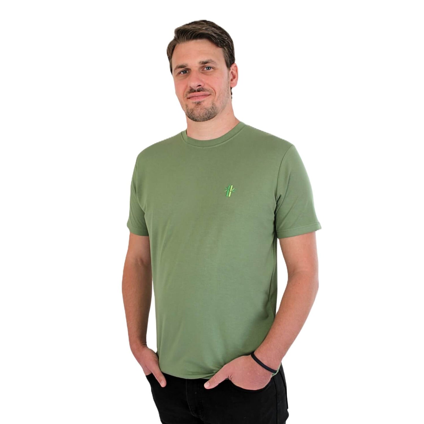 Model wearing Everyday Bamboo Crew Neck Shirt | Olive Green - Robumi Lifestyle