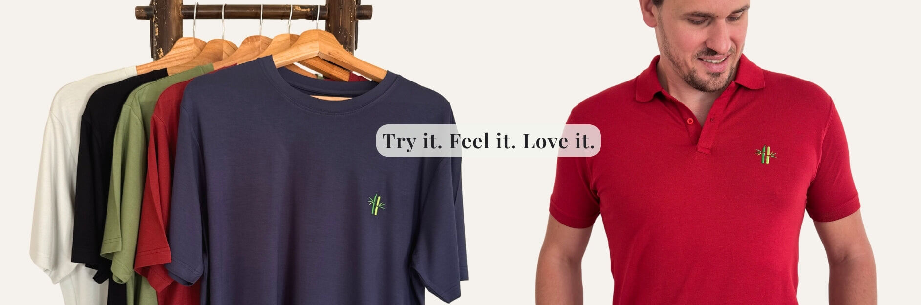 Front banner of Robumi Lifestyle website, showing a model in red polo and bamboo shirts hanging on bamboo