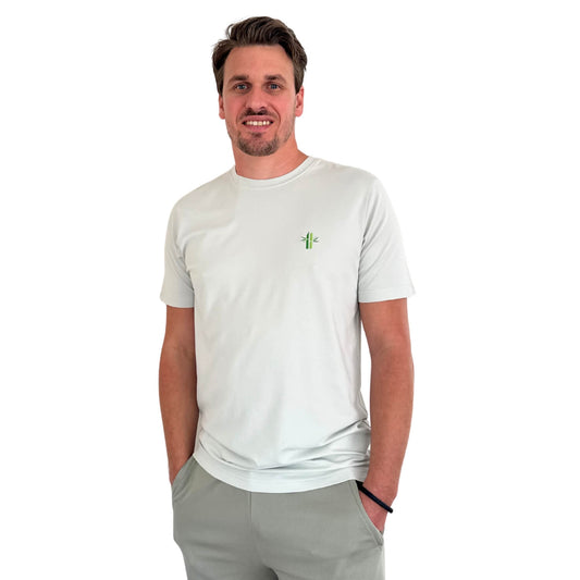 Model wearing Bamboo Cotton Crew Neck Shirt in Oyster Mushroom - Robumi Lifestyle