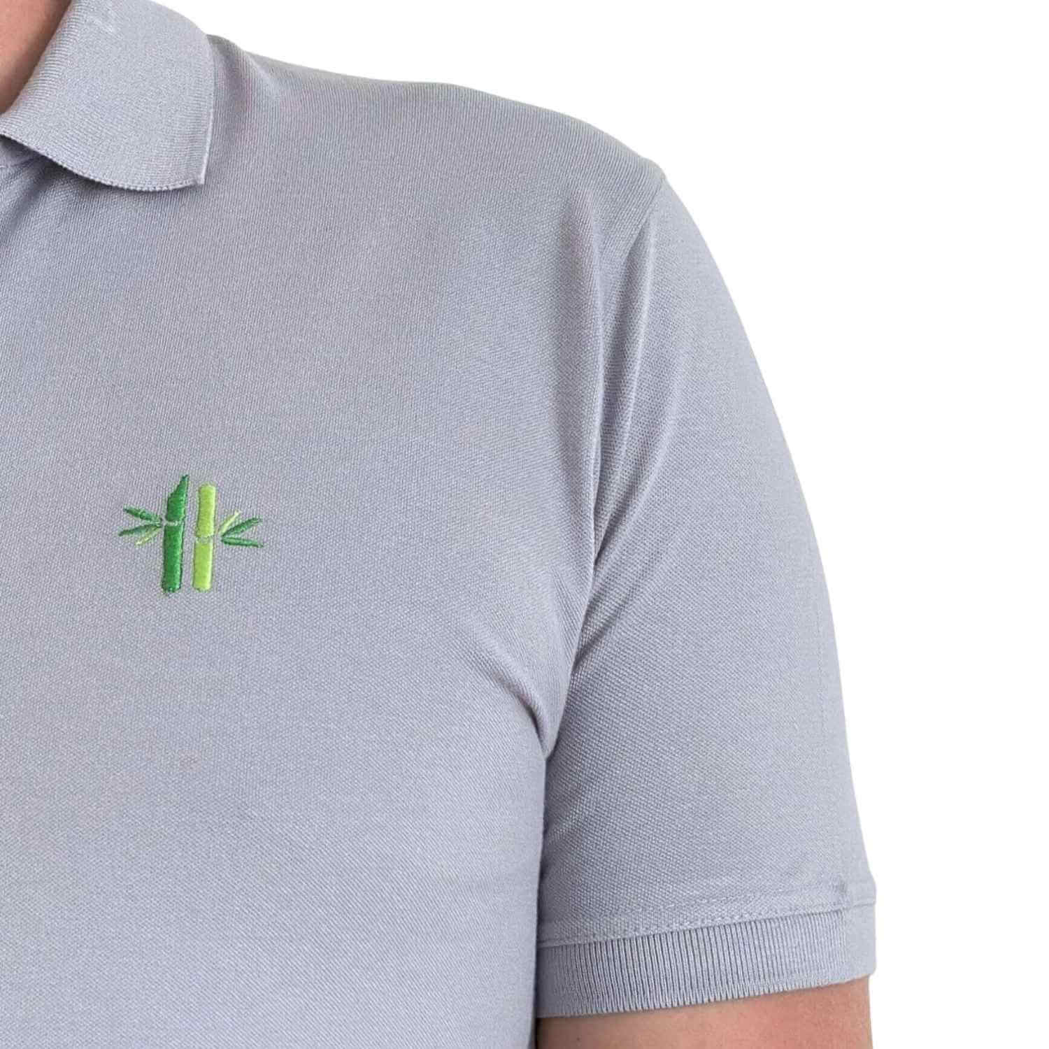 Close up of model wearing a Pique Bamboo Cotton Polo in grey - Robumi Lifestyle