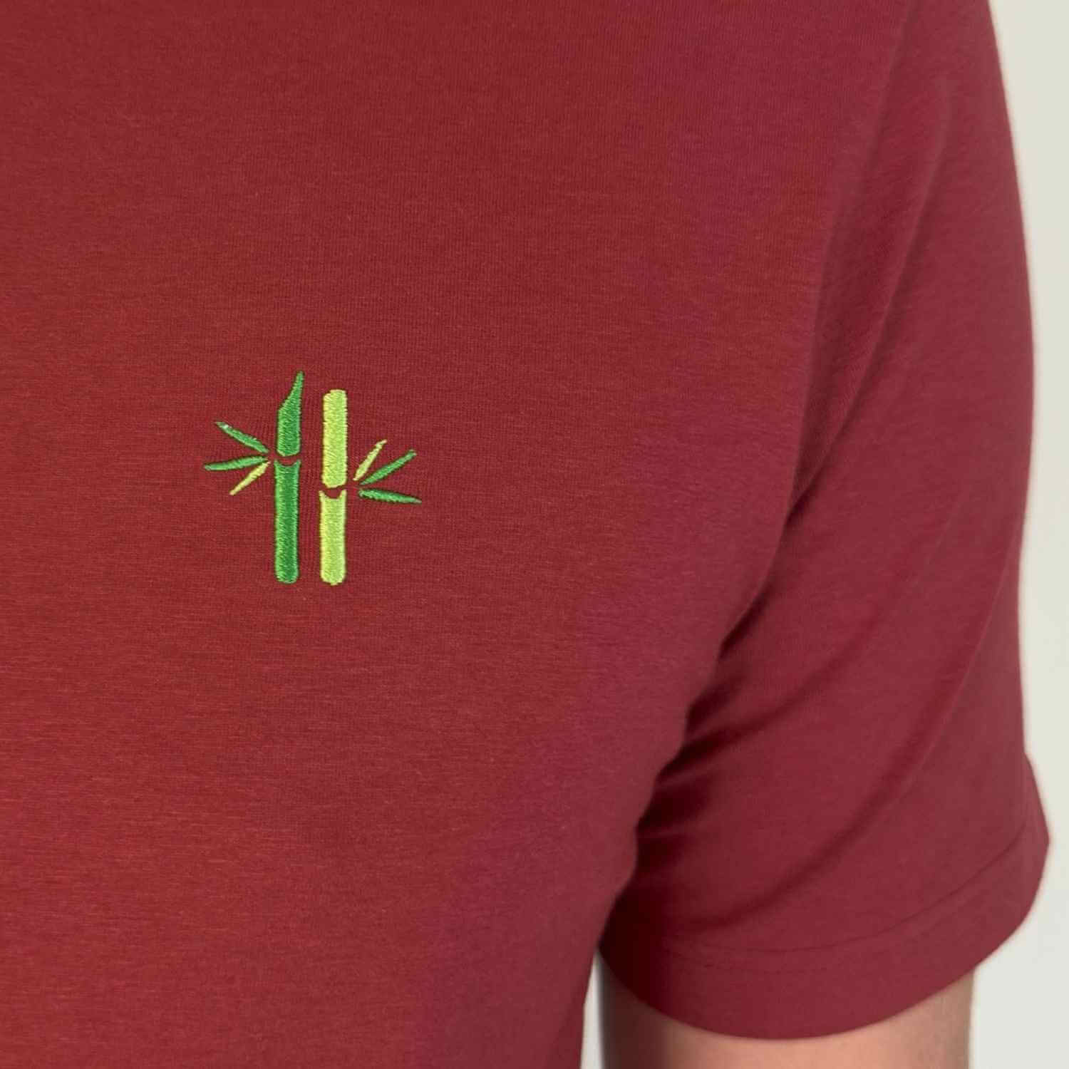 Embroided bamboo logo on bamboo cotton shirt in Rosewood Red - Robumi Lifesty