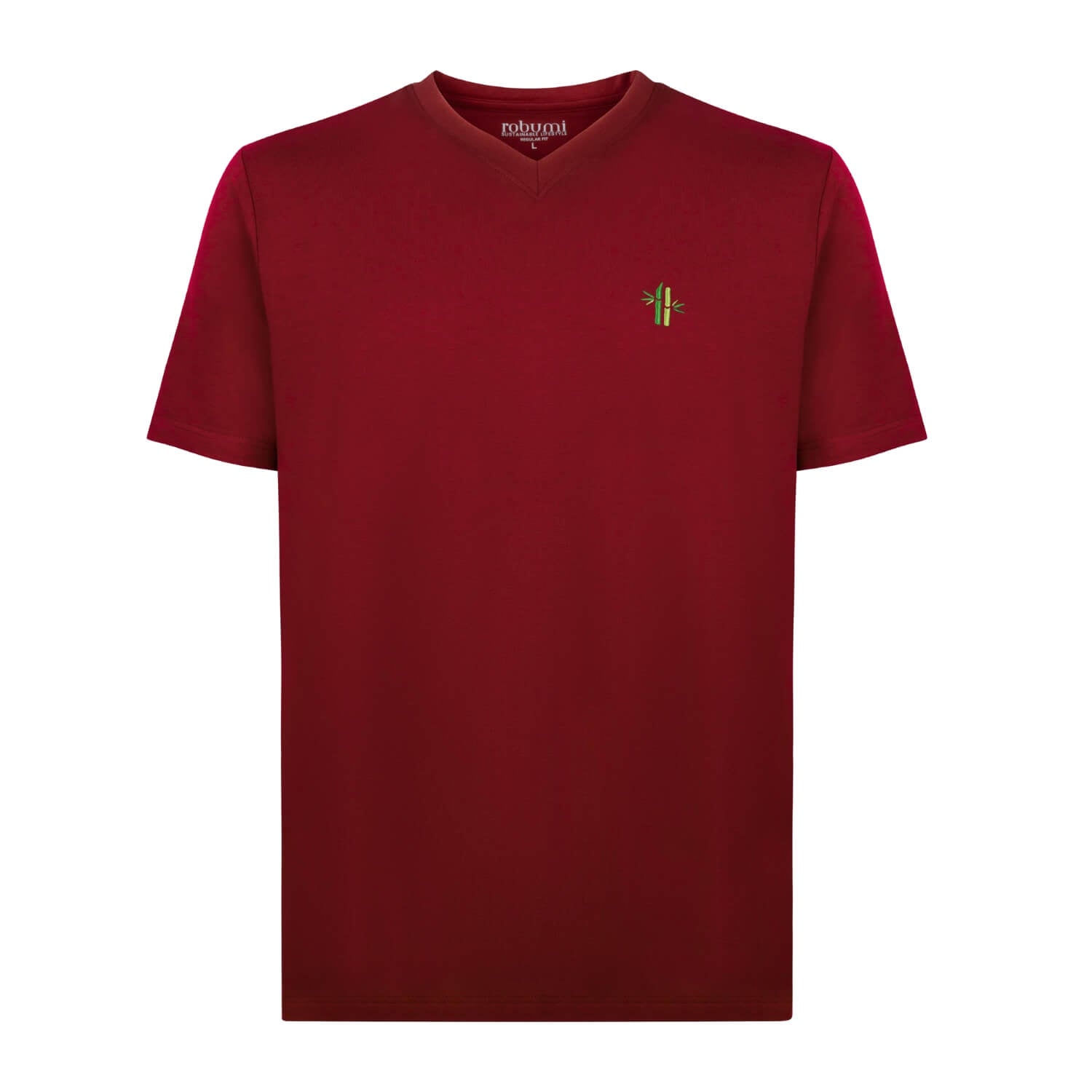 Front view of bamboo cotton v-neck shirt in Rosewood Red - Robumi Lifestyle