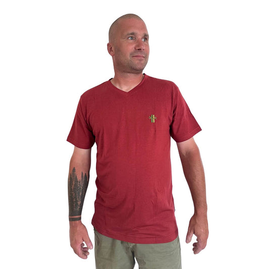 Model wearing bamboo cotton v-neck shirt in Rosewood Red - Robumi Lifestyle
