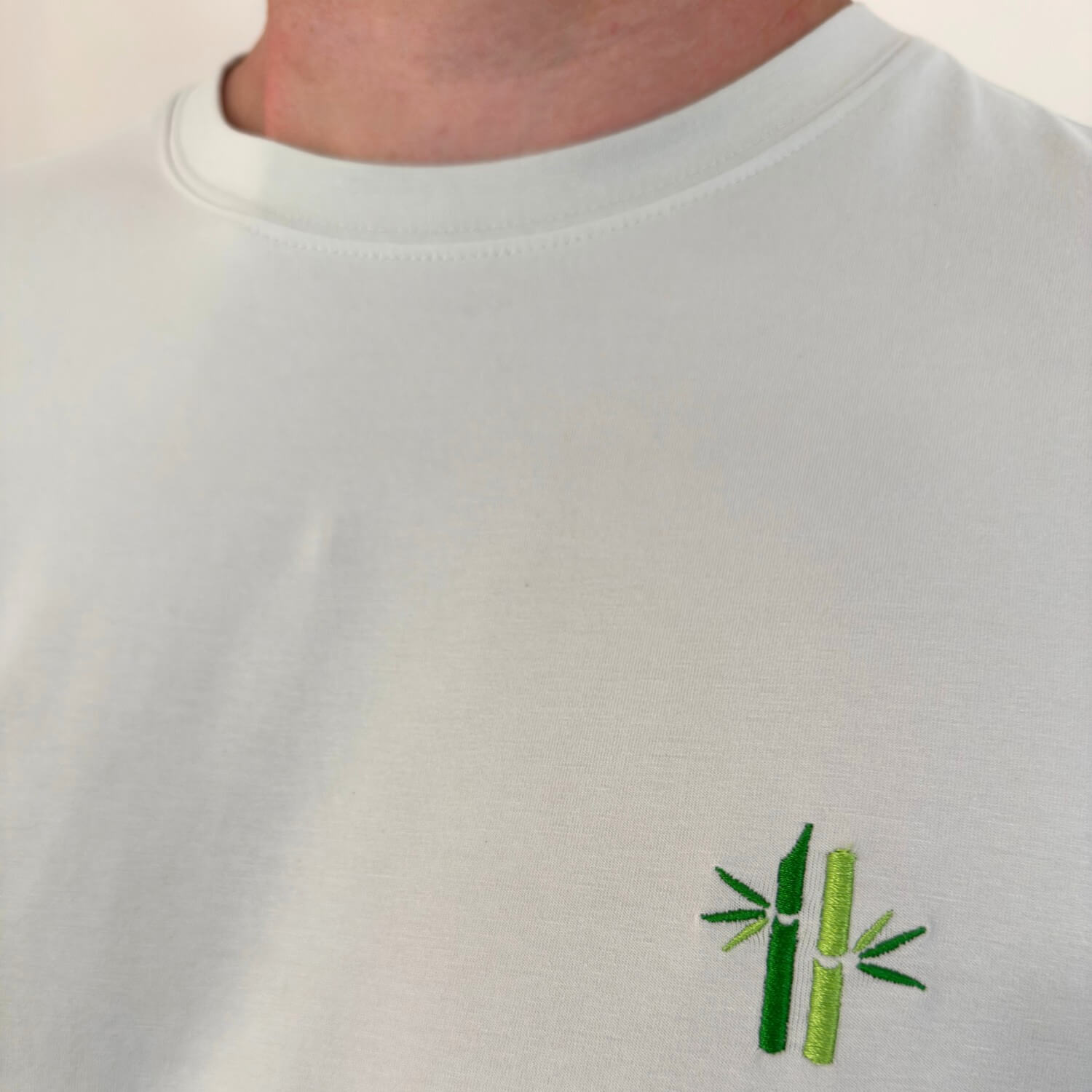 Embroided bamboo logo on Bamboo Cotton Crew Neck Shirt in Oyster mushroom - Robumi Lifestyle