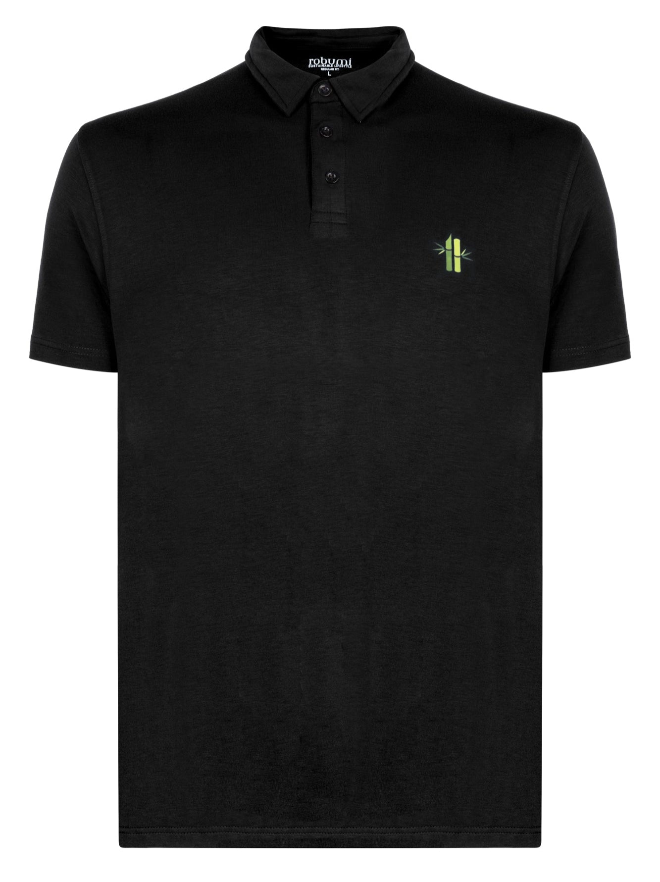 Front of regular fit jersey Athletic Bamboo Polo in black with open collar- Robumi Lifestyle