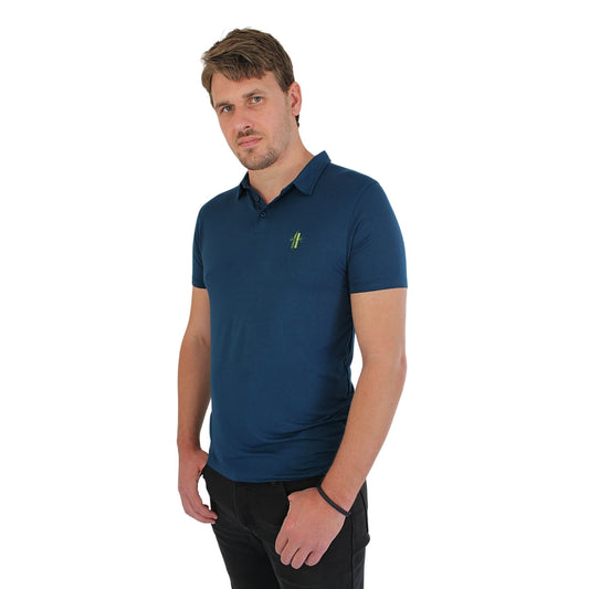 Model wearing Athletic Bamboo Polo in Poseidon Blue - Robumi Lifestyle