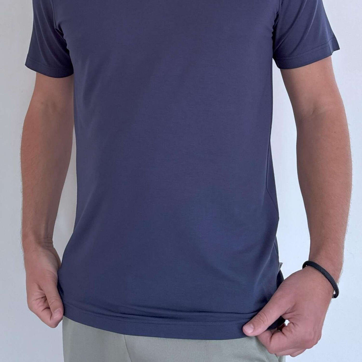 Close up of model wearing Everyday Bamboo Crew Neck Shirt | Navy Blue - Robumi Lifestyle