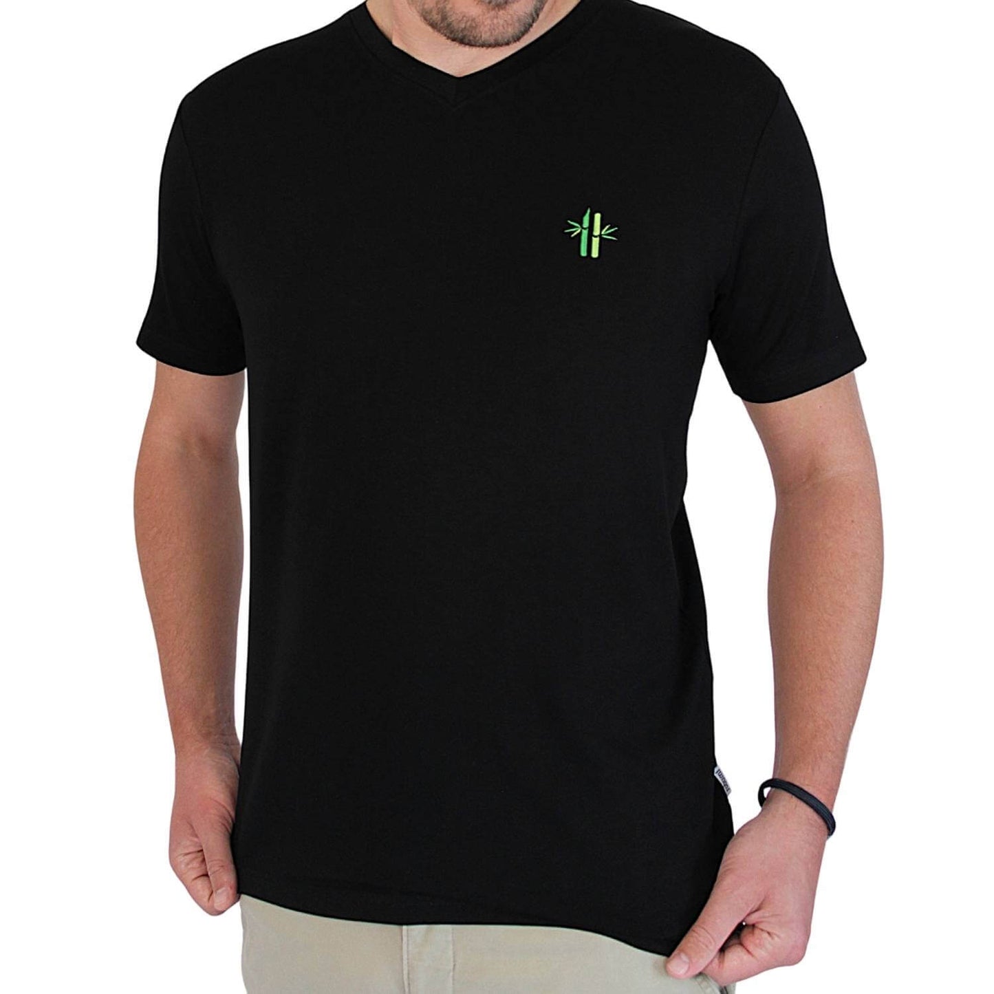 Close up of model wearing an Everyday Bamboo V-neck Shirt | Pitch Black - Robumi Lifestyle