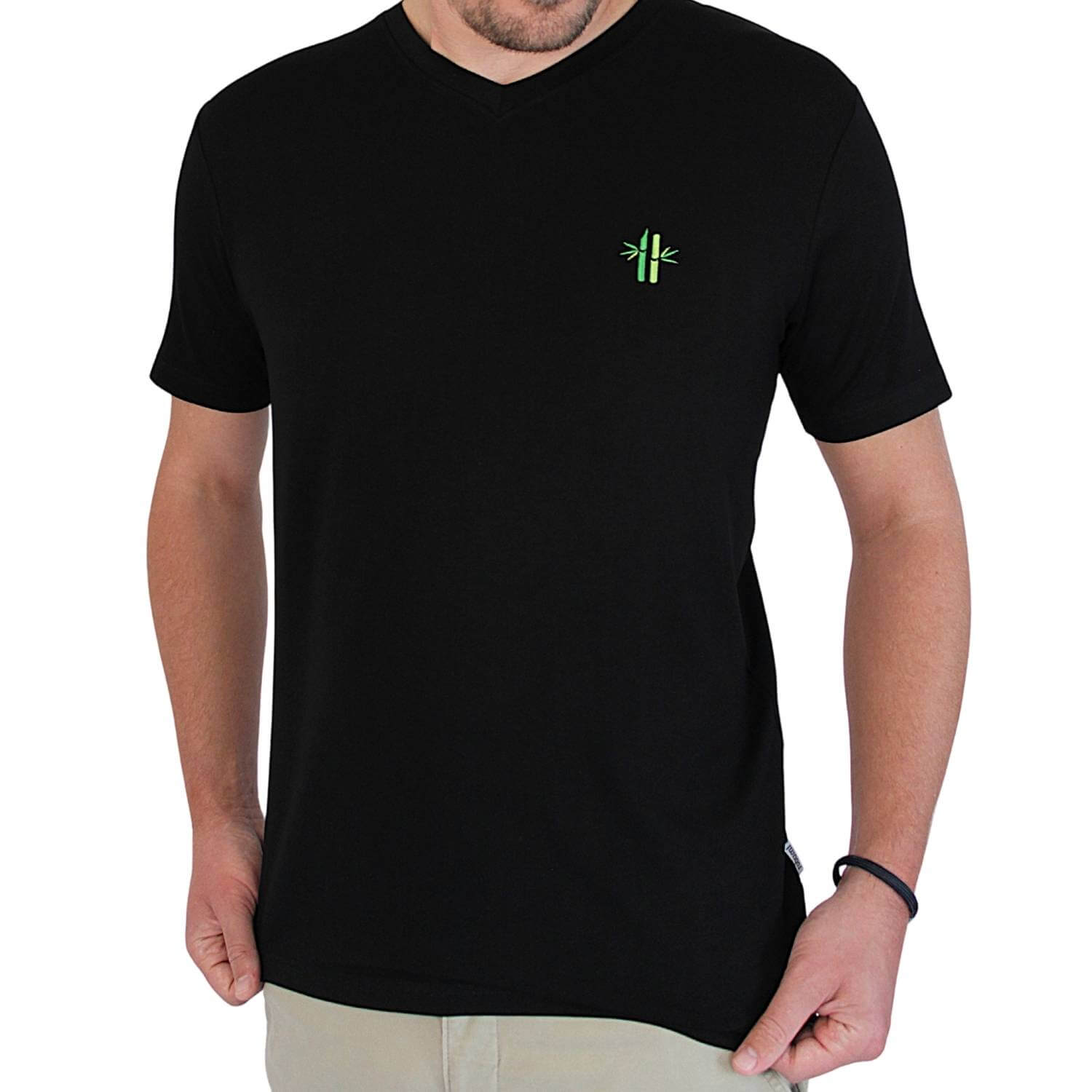 Close up of model wearing an Everyday Bamboo V-neck Shirt | Pitch Black - Robumi Lifestyle