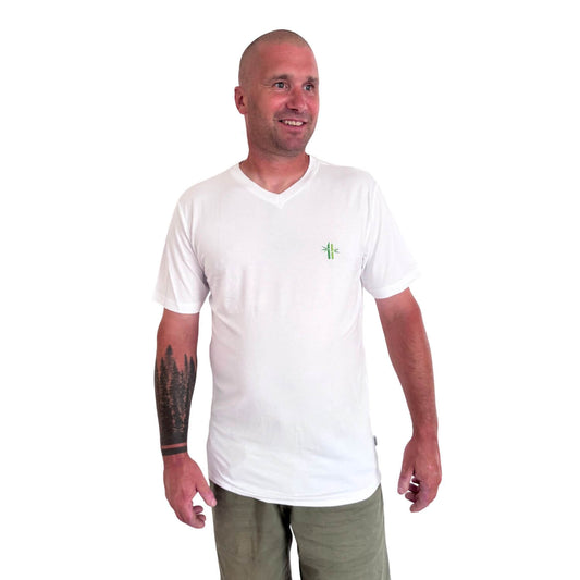 Model wearing an Everyday Bamboo V-neck shirt | Bright White - Robumi Lifestyle