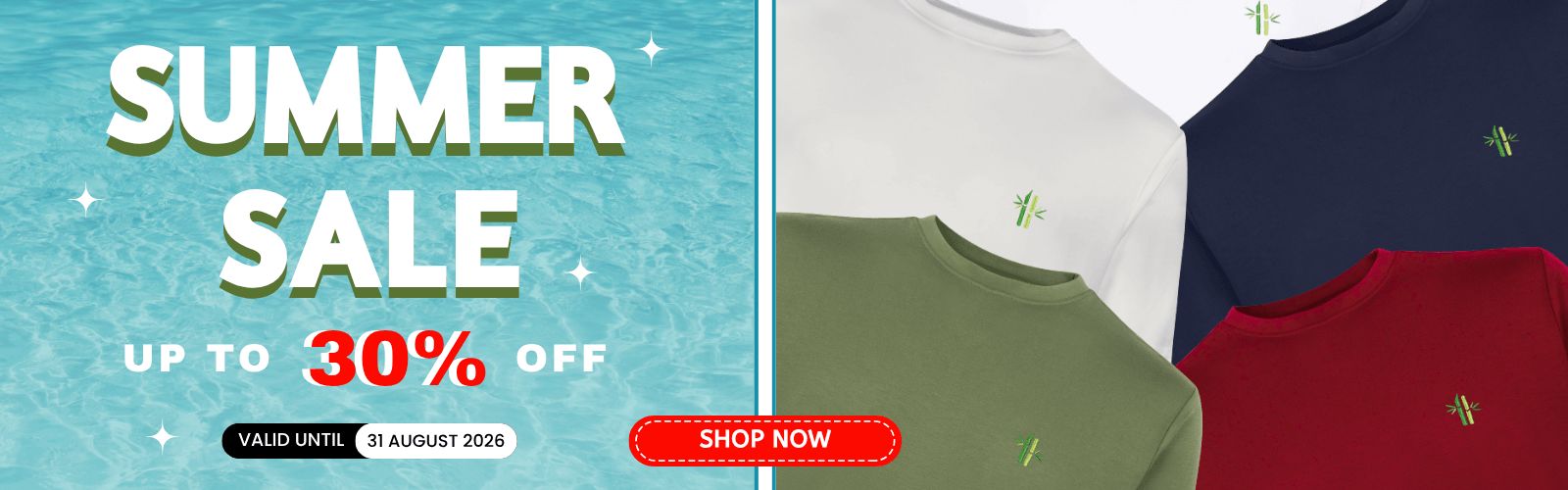 Promotional banner for a summer sale up to 30% off, featuring large white and red text on a turquoise background on the left, and several crewneck shirts in white, navy, olive green, and red on the right.

