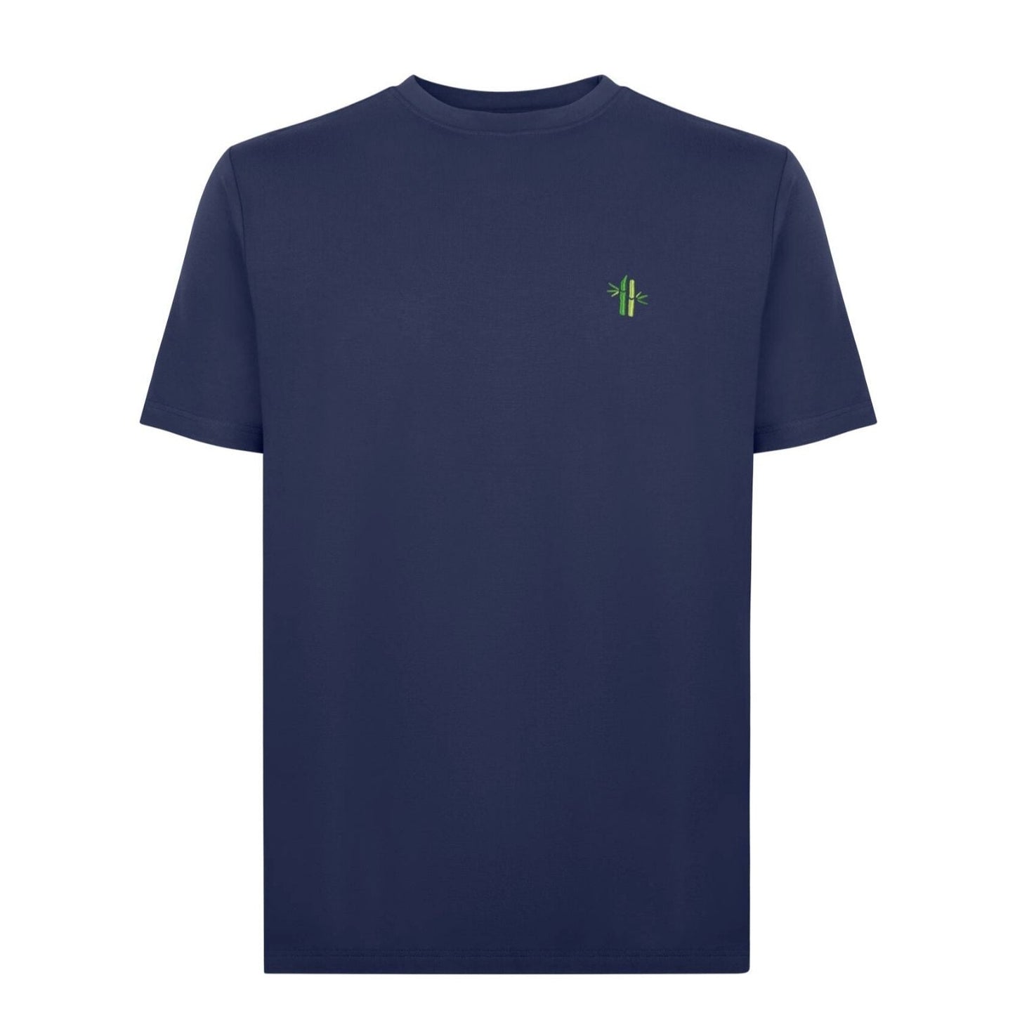 Navy blue Robumi Lifestyle bamboo spandex round neck shirt, showcasing the comfortable fit and soft fabric texture.