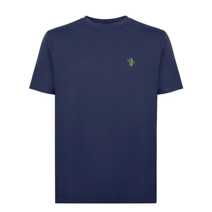 Navy blue Robumi Lifestyle bamboo spandex round neck shirt, showcasing the comfortable fit and soft fabric texture.
